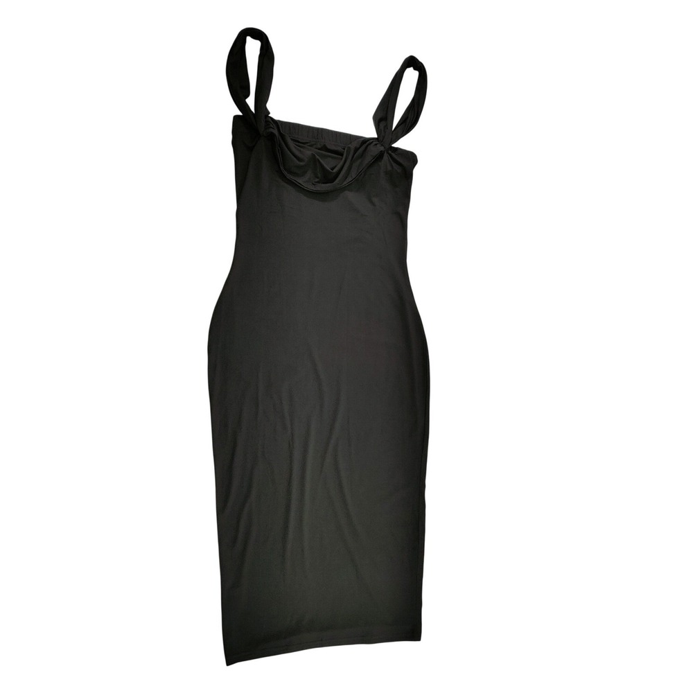 Black Bodycon Midi Dress Spaghetti Strap Ruched Front Size S NWOT Unbranded
